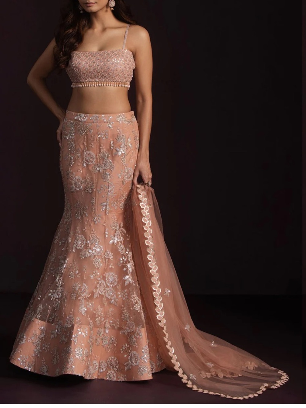 Peach Embroidered Lehenga with Sheer Dupatta